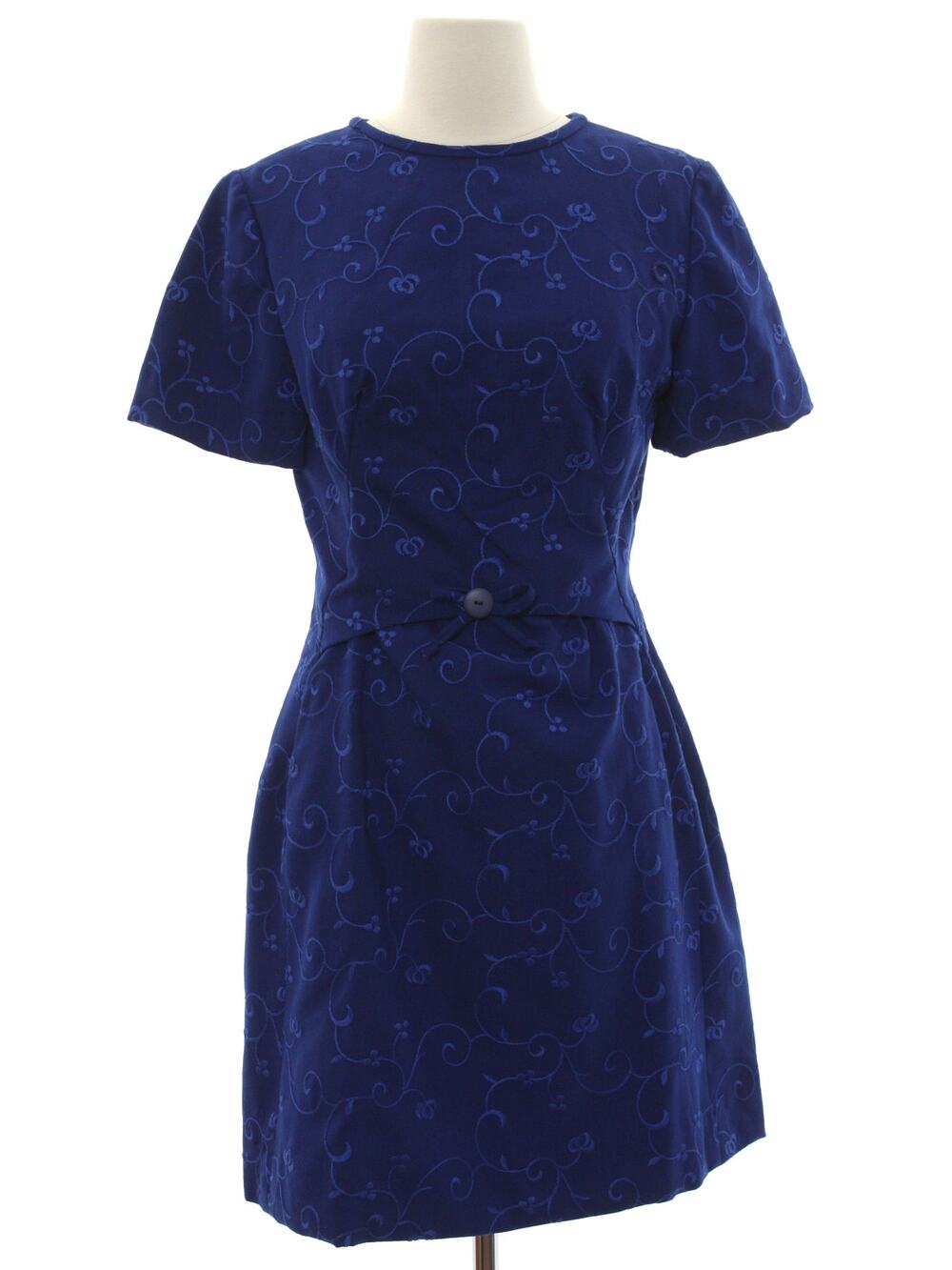 Vintage 70s Home Sewn Navy Embroidered Wool Mini Dress Bow Front Small